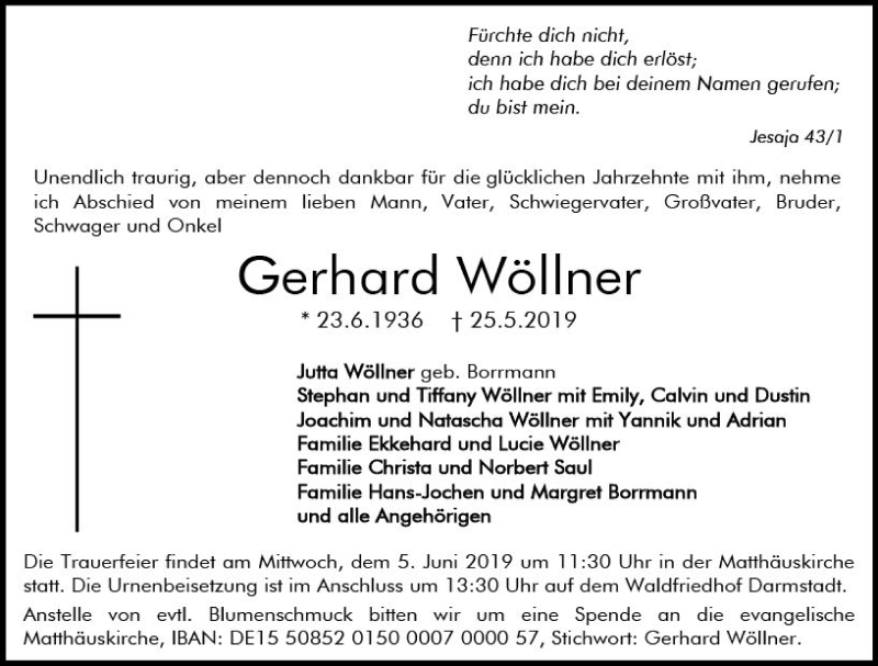  Traueranzeige für Gerhard Wöllner vom 01.06.2019 aus vrm-trauer