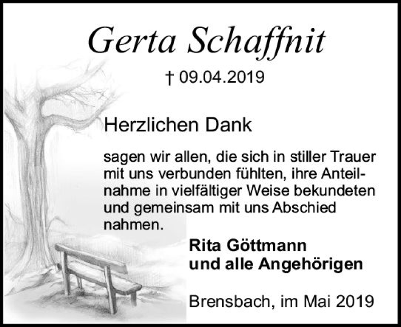  Traueranzeige für Gerta Schaffnit vom 11.05.2019 aus vrm-trauer