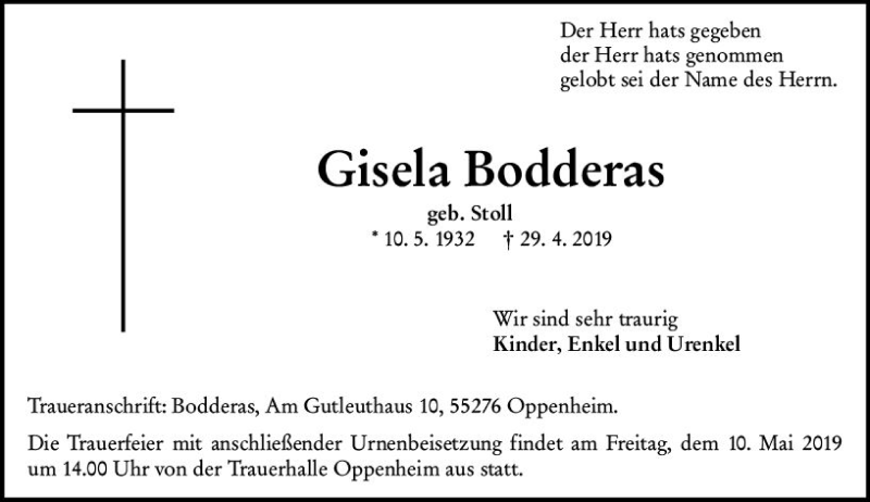  Traueranzeige für Gisela Bodderas vom 04.05.2019 aus vrm-trauer