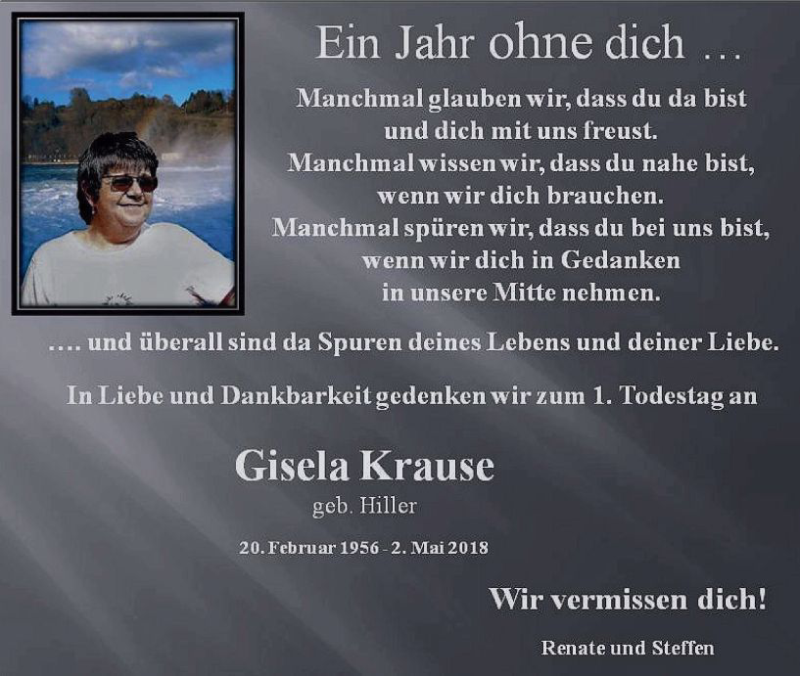  Traueranzeige für Gisela Krause vom 02.05.2019 aus vrm-trauer