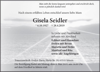 Traueranzeige von Gisela Seidler von vrm-trauer