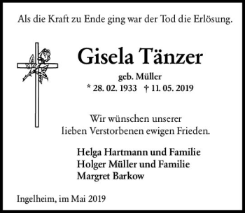 Traueranzeige von Gisela Tänzer von vrm-trauer