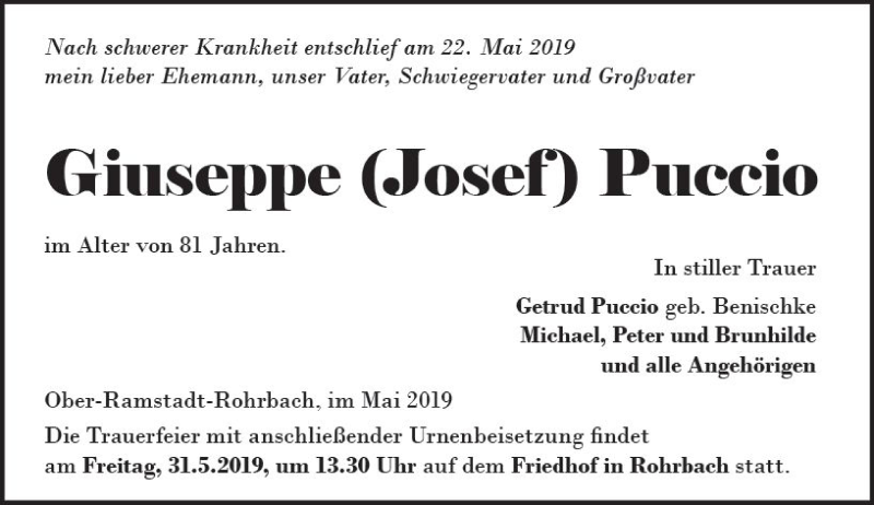  Traueranzeige für Giuseppe Puccio vom 28.05.2019 aus vrm-trauer