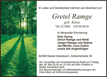 Traueranzeige von Gretel Ramge von vrm-trauer