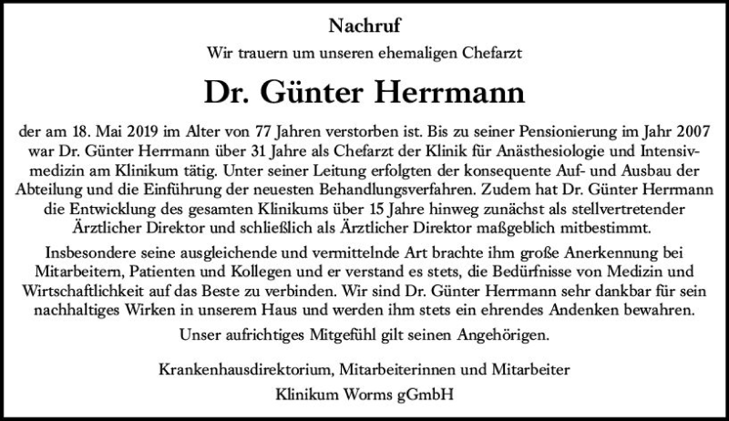  Traueranzeige für Günter Herrmann vom 01.06.2019 aus vrm-trauer