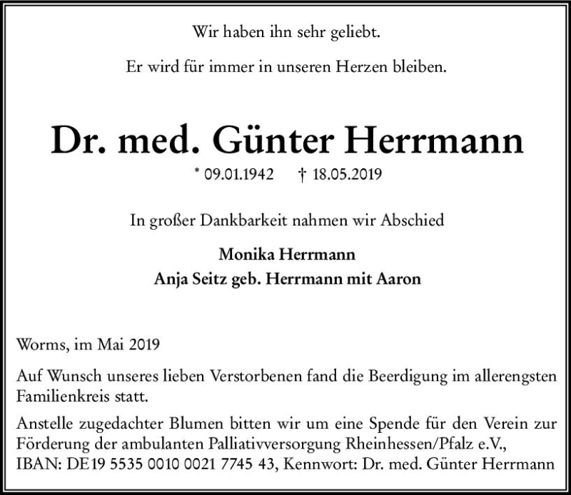  Traueranzeige für Günter Herrmann vom 25.05.2019 aus vrm-trauer