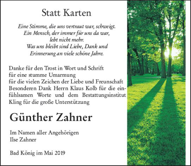  Traueranzeige für Günther Zahner vom 29.05.2019 aus vrm-trauer