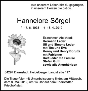 Traueranzeige von Hannelore Sörgel von vrm-trauer