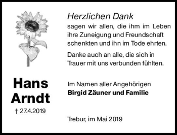 Traueranzeige von Hans Arndt von vrm-trauer