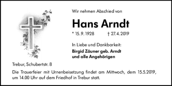 Traueranzeige von Hans Arndt von vrm-trauer