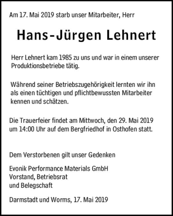 Traueranzeige von Hans-Jürgen Lehnert von vrm-trauer