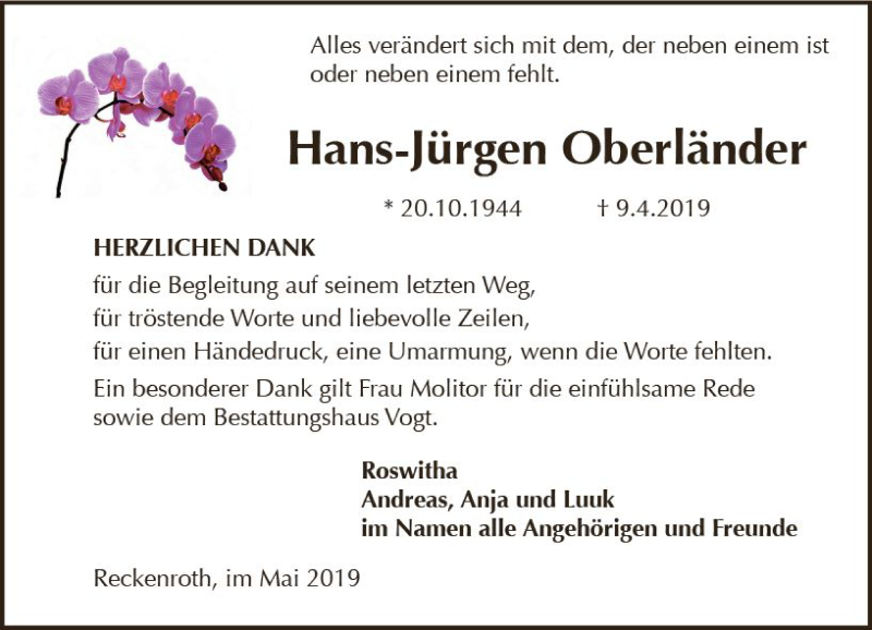  Traueranzeige für Hans-Jürgen Oberländer vom 04.05.2019 aus vrm-trauer