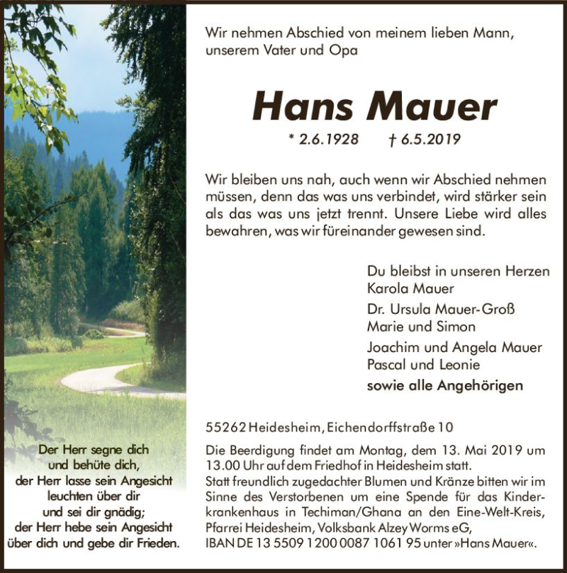  Traueranzeige für Hans Mauer vom 11.05.2019 aus vrm-trauer