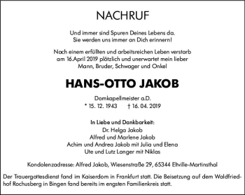 Traueranzeige von Hans-Otto Jakob von vrm-trauer