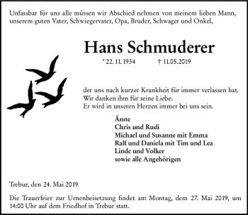 Traueranzeige von Hans Schmuderer von vrm-trauer