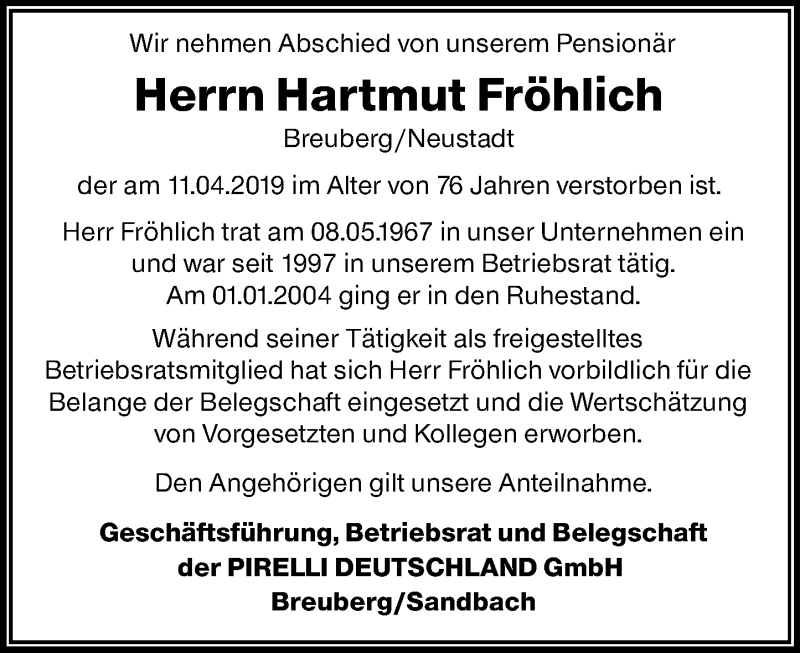  Traueranzeige für Hartmut Fröhlich vom 08.05.2019 aus vrm-trauer