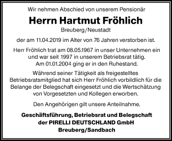 Traueranzeige von Hartmut Fröhlich von vrm-trauer