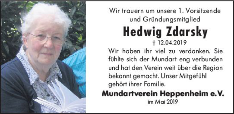  Traueranzeige für Hedwig Zdarski vom 18.05.2019 aus vrm-trauer
