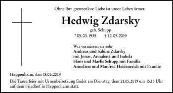 Traueranzeige von Hedwig Zdarsky von vrm-trauer