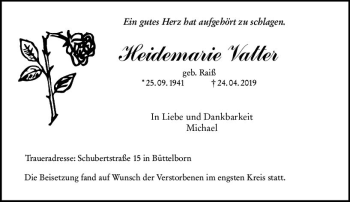 Traueranzeige von Heidemarie Vatter von vrm-trauer