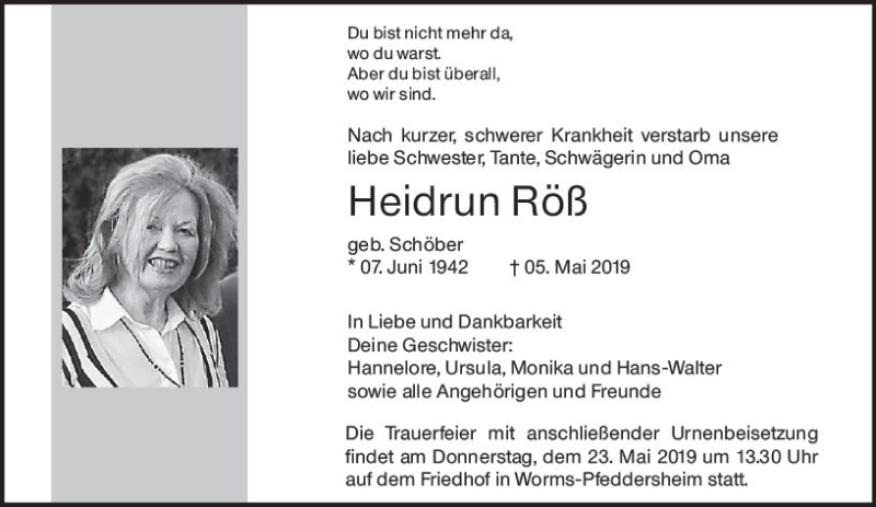  Traueranzeige für Heidrun Röß vom 18.05.2019 aus vrm-trauer