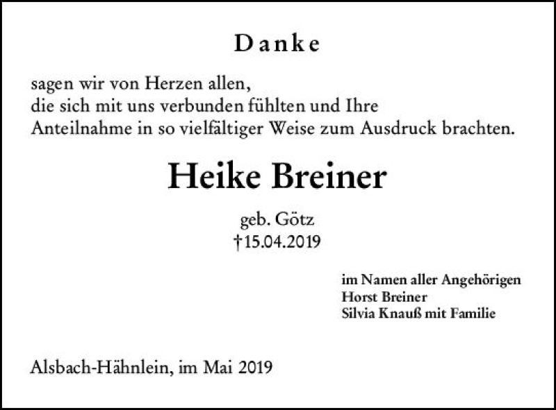  Traueranzeige für Heike Breiner vom 11.05.2019 aus vrm-trauer