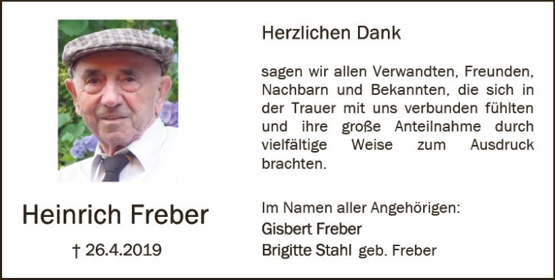  Traueranzeige für Heinrich Freber vom 25.05.2019 aus vrm-trauer