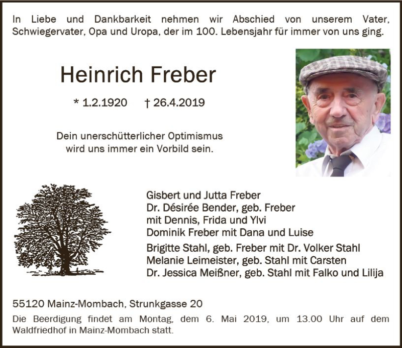  Traueranzeige für Heinrich Freber vom 04.05.2019 aus vrm-trauer