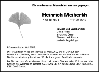Traueranzeige von Heinrich Meiberth von vrm-trauer