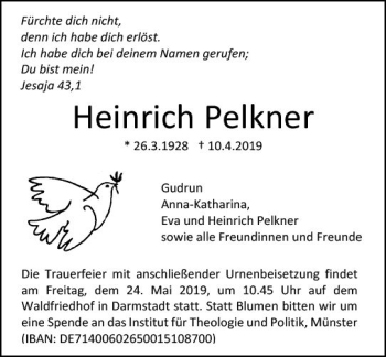 Traueranzeige von Heinrich Pelkner von vrm-trauer