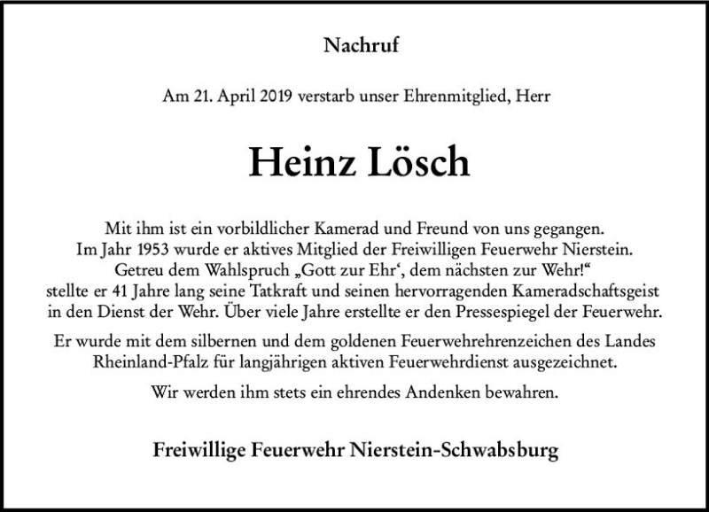  Traueranzeige für Heinz Lösch vom 09.05.2019 aus vrm-trauer