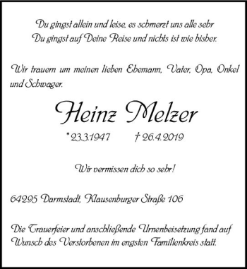 Traueranzeige von Heinz Melzer von vrm-trauer