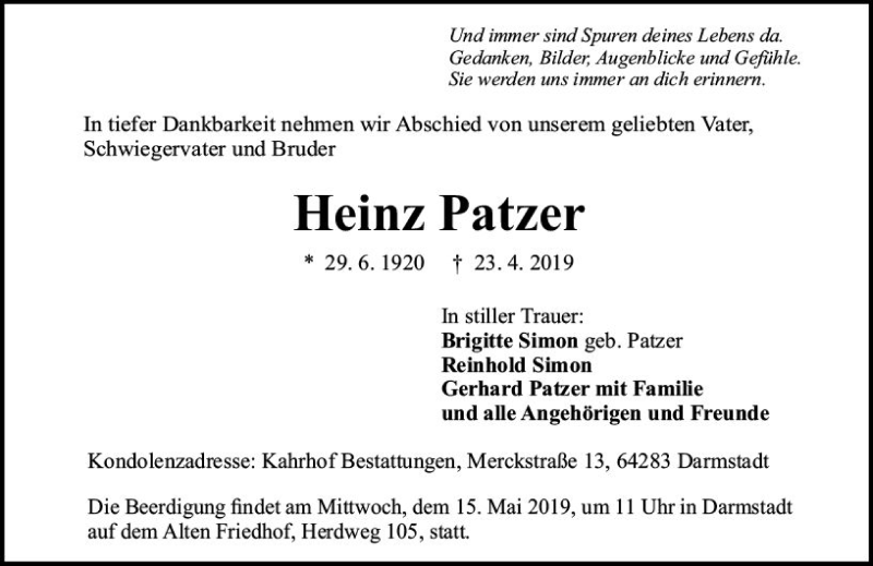  Traueranzeige für Heinz Patzer vom 04.05.2019 aus vrm-trauer