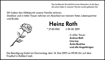 Traueranzeige von Heinz Roth von vrm-trauer