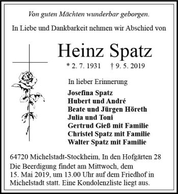 Traueranzeige von Heinz Spatz von vrm-trauer