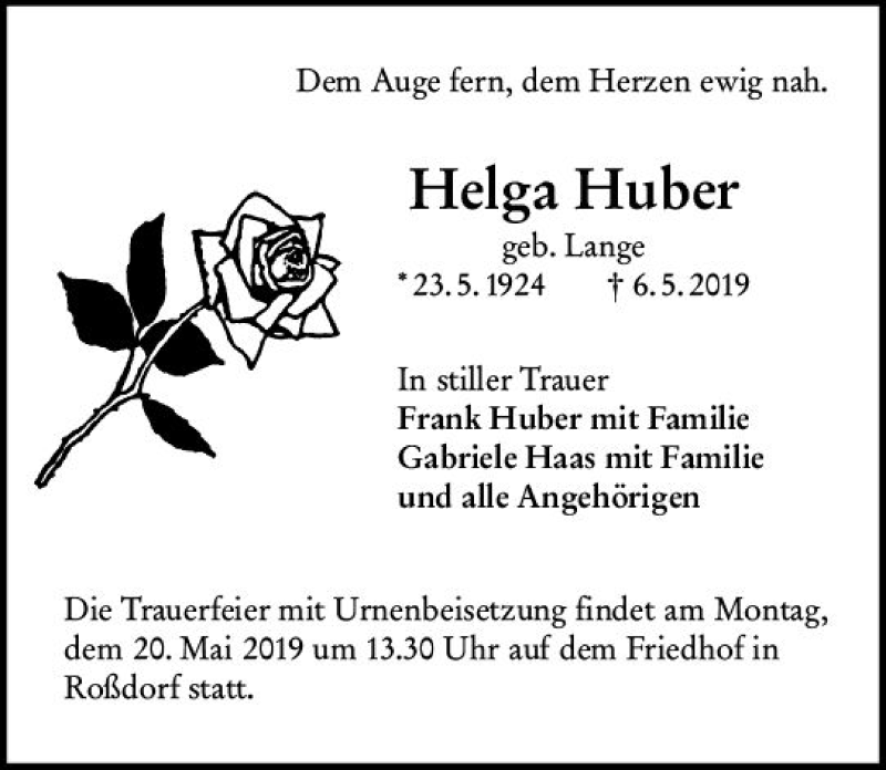  Traueranzeige für Helga Huber vom 16.05.2019 aus vrm-trauer