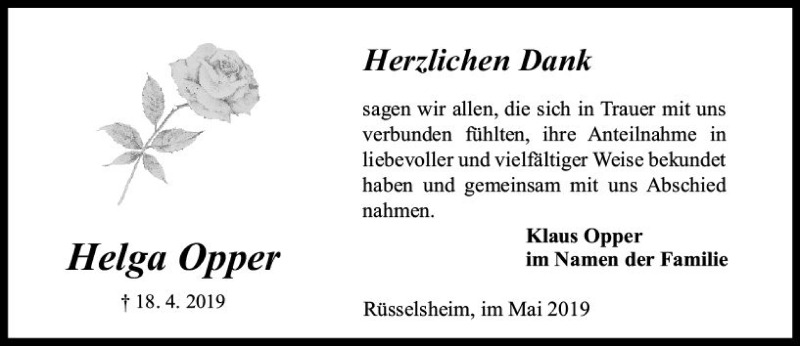  Traueranzeige für Helga Opper vom 11.05.2019 aus vrm-trauer