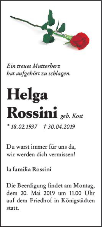 Traueranzeige von Helga Rossini von vrm-trauer