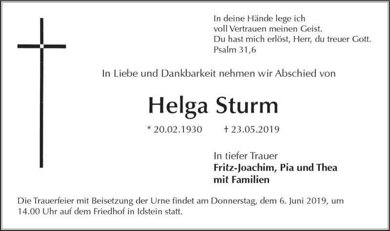  Traueranzeige für Helga Sturm vom 01.06.2019 aus vrm-trauer