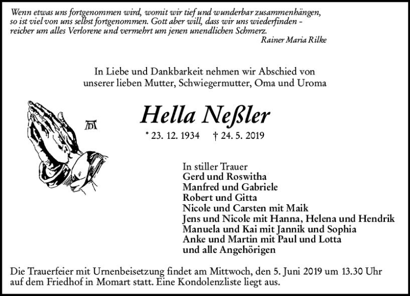  Traueranzeige für Hella Neßler vom 01.06.2019 aus vrm-trauer