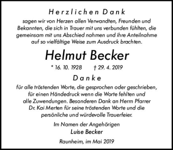 Traueranzeige von Helmut Becker von vrm-trauer