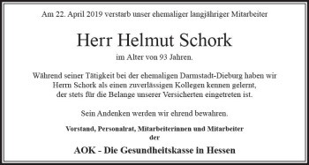 Traueranzeige von Helmut Schork von vrm-trauer