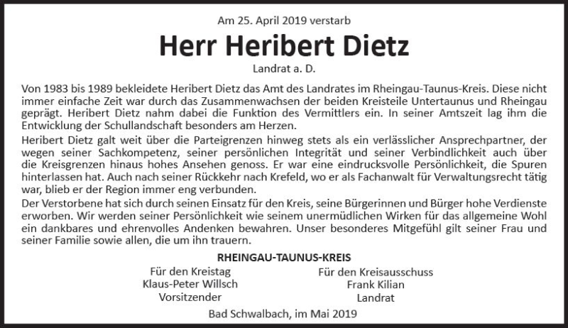  Traueranzeige für Heribert Dietz vom 04.05.2019 aus vrm-trauer