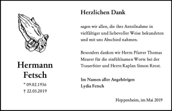 Traueranzeige von Hermann Fetsch von vrm-trauer
