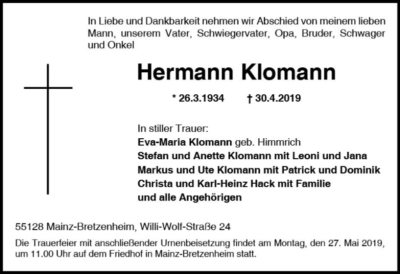  Traueranzeige für Hermann Klomann vom 18.05.2019 aus vrm-trauer