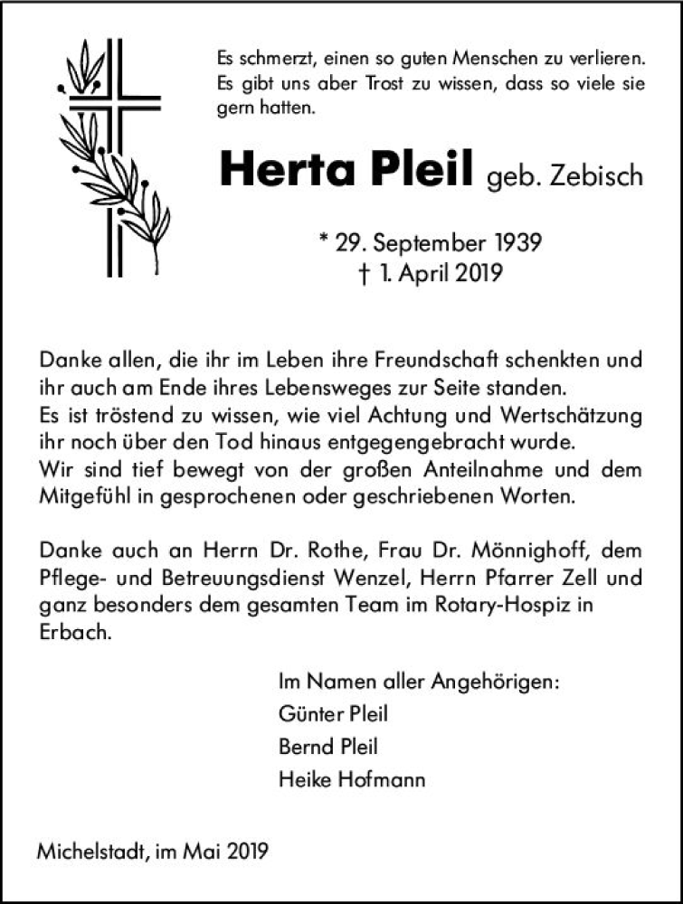  Traueranzeige für Herta Pleil vom 04.05.2019 aus vrm-trauer