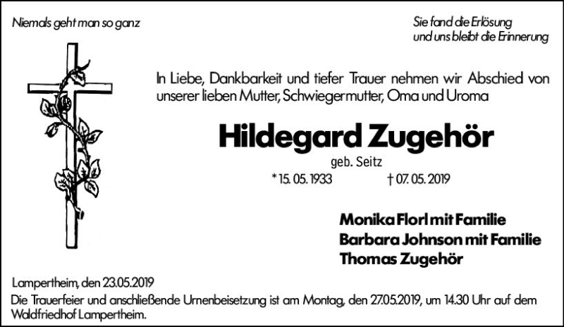  Traueranzeige für Hildegard Zugehör vom 23.05.2019 aus vrm-trauer
