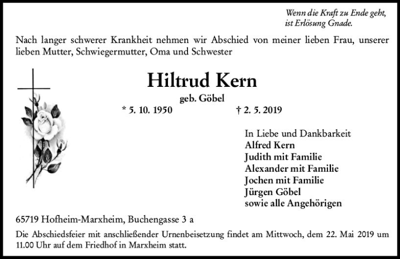  Traueranzeige für Hiltrud Kern vom 10.05.2019 aus vrm-trauer