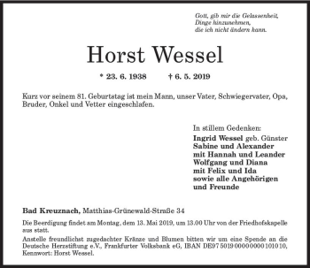 Traueranzeige von Horst Wessel von vrm-trauer