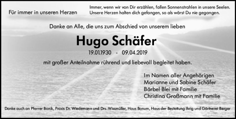  Traueranzeige für Hugo Schäfer vom 17.05.2019 aus vrm-trauer